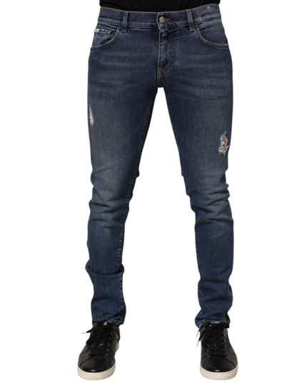 Dolce & Gabbana Blue Cotton Logo Plaque Skinny Men Denim Jeans