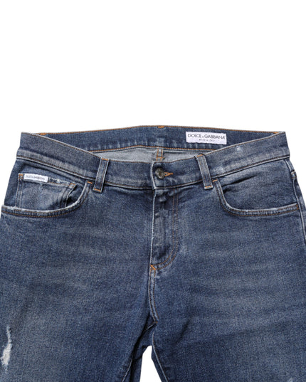 Dolce & Gabbana Blue Cotton Logo Plaque Skinny Men Denim Jeans