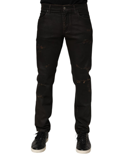Dolce & Gabbana Dark Brown Tattered Cotton Skinny Denim Jeans