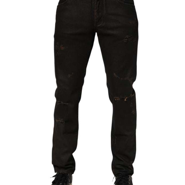 Dolce & Gabbana Dark Brown Tattered Cotton Skinny Denim Jeans