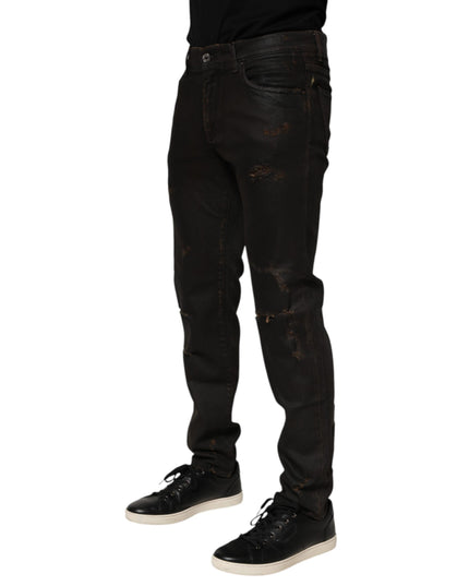 Dolce & Gabbana Dark Brown Tattered Cotton Skinny Denim Jeans