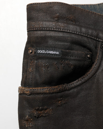 Dolce & Gabbana Dark Brown Tattered Cotton Skinny Denim Jeans