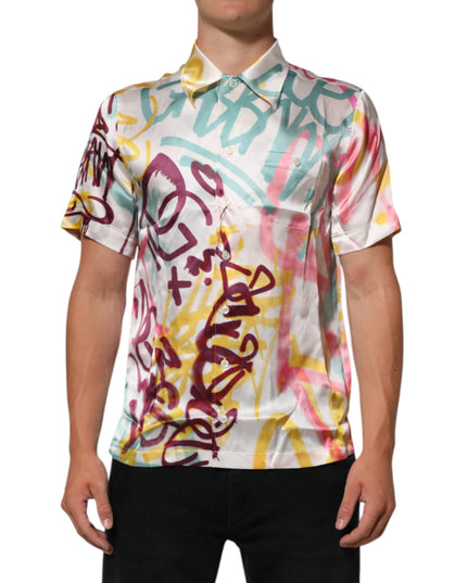 Dolce & Gabbana White Silk Hawaiian Graffiti Print Men Casual Shirt