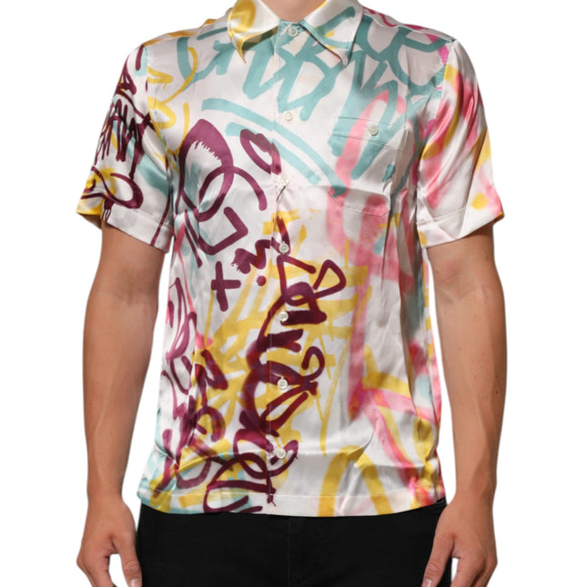 Dolce & Gabbana White Silk Hawaiian Graffiti Print Men Casual Shirt