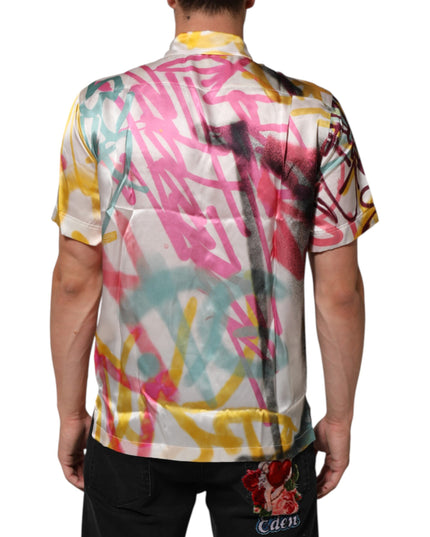 Dolce & Gabbana White Silk Hawaiian Graffiti Print Men Casual Shirt