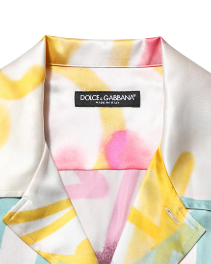 Dolce & Gabbana White Silk Hawaiian Graffiti Print Men Casual Shirt
