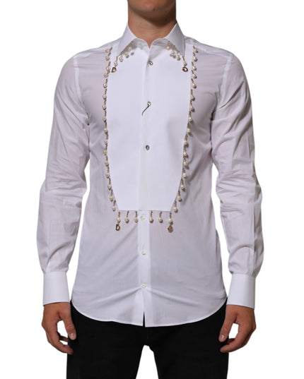 Dolce & Gabbana White Cotton DG Logo Pearl GOLD Formal Shirt