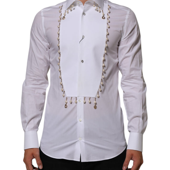 Dolce & Gabbana White Cotton DG Logo Pearl GOLD Formal Shirt