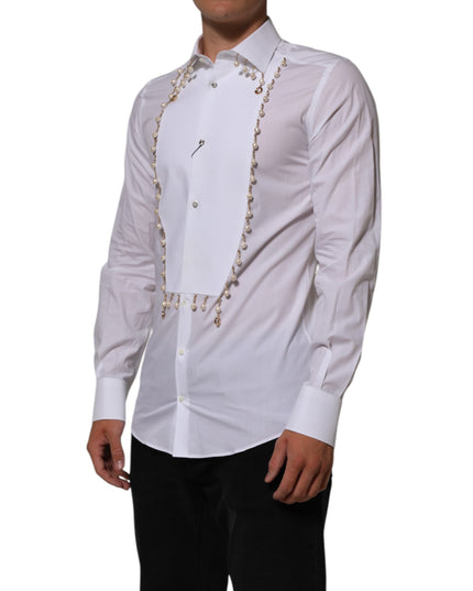 Dolce & Gabbana White Cotton DG Logo Pearl GOLD Formal Shirt