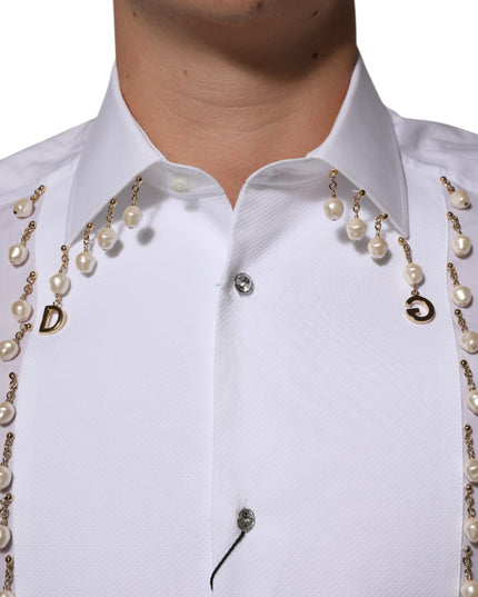 Dolce & Gabbana White Cotton DG Logo Pearl GOLD Formal Shirt