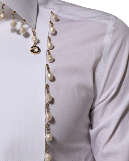 Dolce & Gabbana White Cotton DG Logo Pearl GOLD Formal Shirt