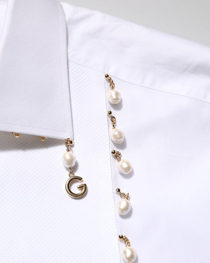 Dolce & Gabbana White Cotton DG Logo Pearl GOLD Formal Shirt