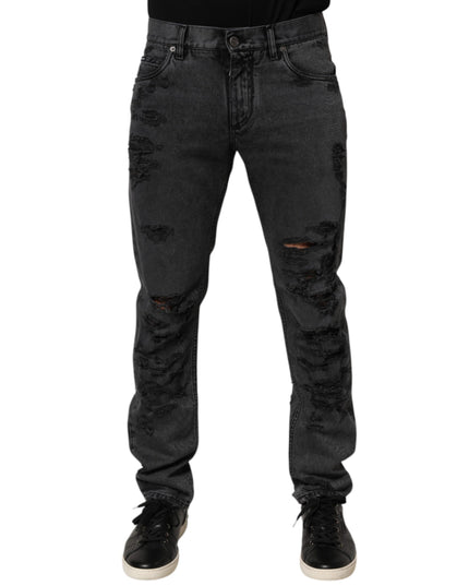 Dolce & Gabbana Black Tattered Skinny Cotton Men Denim Jeans