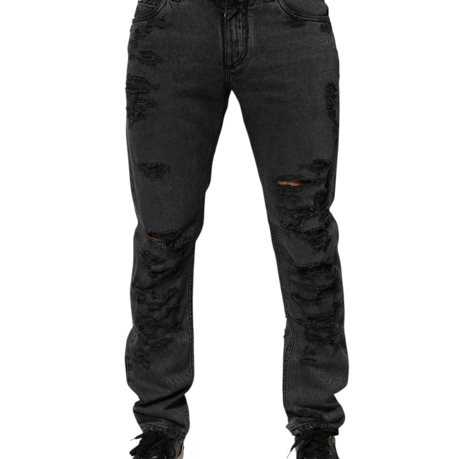 Dolce & Gabbana Black Tattered Skinny Cotton Men Denim Jeans
