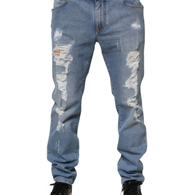 Dolce & Gabbana Blue Tattered Slim Fit Cotton Denim Jeans
