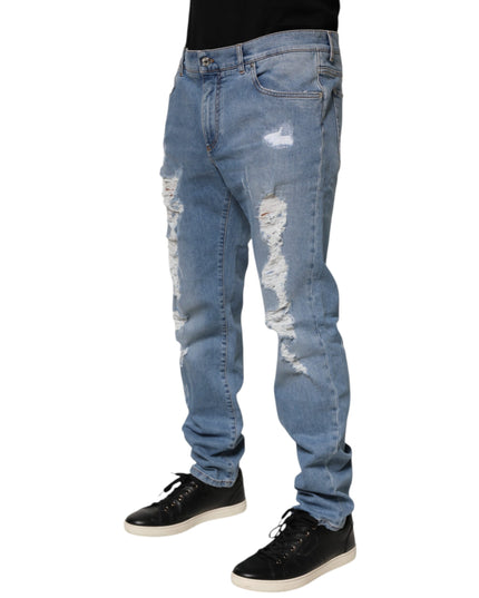 Dolce & Gabbana Blue Tattered Slim Fit Cotton Denim Jeans
