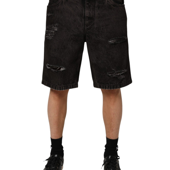 Dolce & Gabbana Black Cotton Tattered Denim Men Bermuda Short