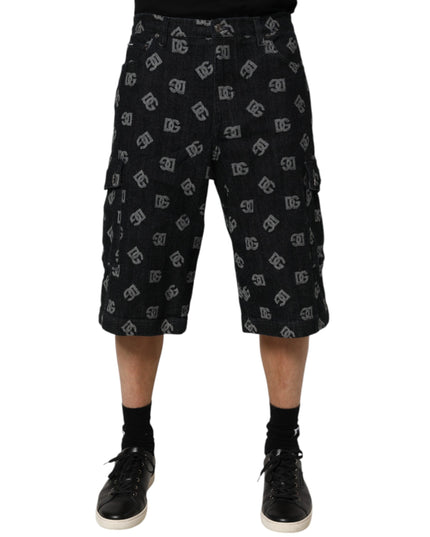 Dolce & Gabbana Black Monogram Denim Cargo Men Bermuda Short