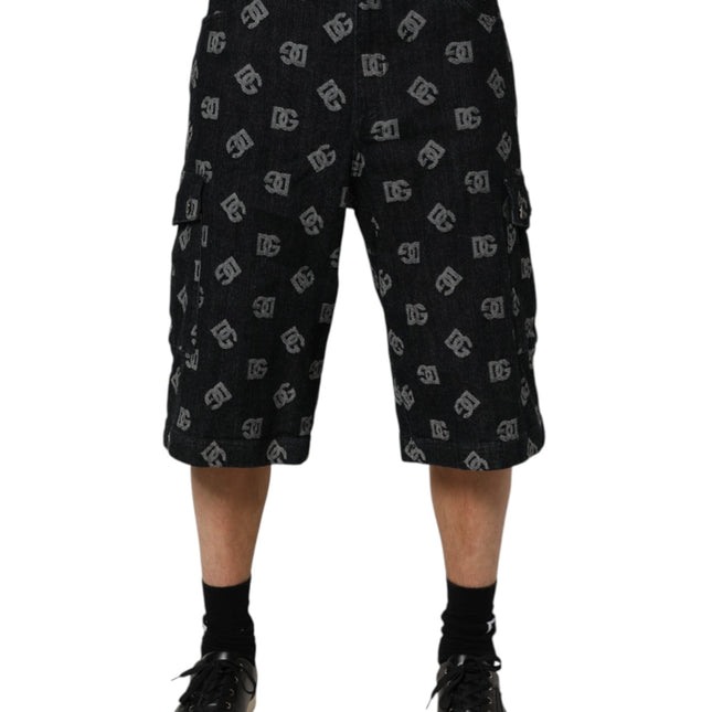 Dolce & Gabbana Black Monogram Denim Cargo Men Bermuda Short