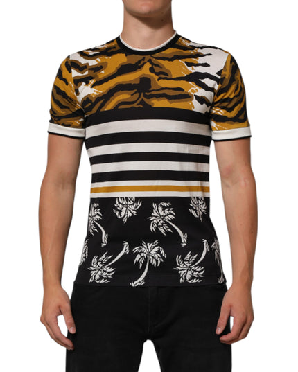 Dolce & Gabbana Multicolor Leopard Palm Leaf Men Crew Neck T-shirt