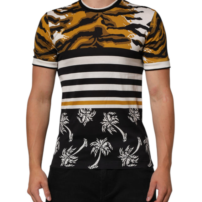 Dolce & Gabbana Multicolor Leopard Palm Leaf Men Crew Neck T-shirt
