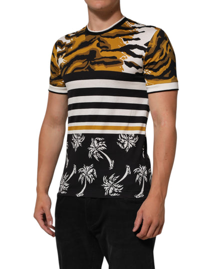 Dolce & Gabbana Multicolor Leopard Palm Leaf Men Crew Neck T-shirt