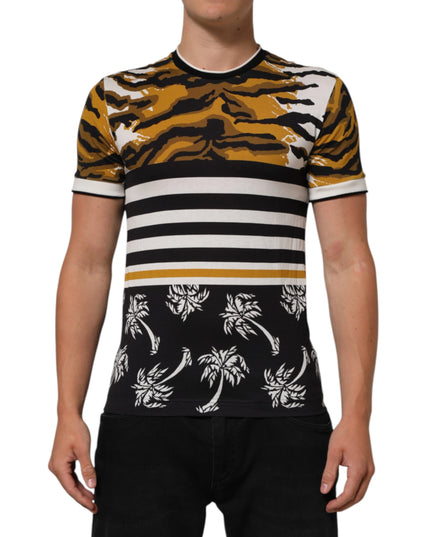 Dolce & Gabbana Multicolor Leopard Palm Leaf Men Crew Neck T-shirt