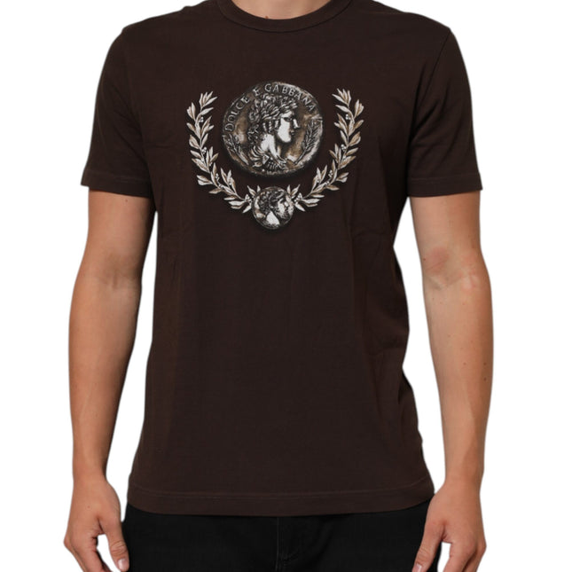 Dolce & Gabbana Brown Coin Laurel Print Men Crew Neck T-shirt