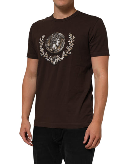 Dolce & Gabbana Brown Coin Laurel Print Men Crew Neck T-shirt