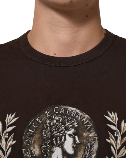 Dolce & Gabbana Brown Coin Laurel Print Men Crew Neck T-shirt