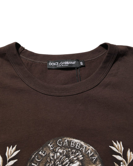 Dolce & Gabbana Brown Coin Laurel Print Men Crew Neck T-shirt
