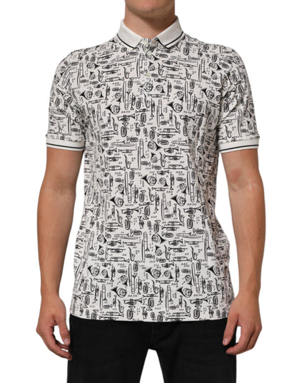 Dolce & Gabbana White Musical Print Collared Polo T-shirt
