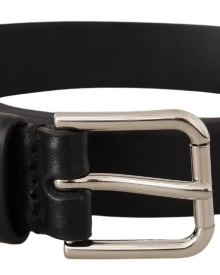 Dolce & Gabbana Black Calf Leather Silver Tone Logo Buckle Belt