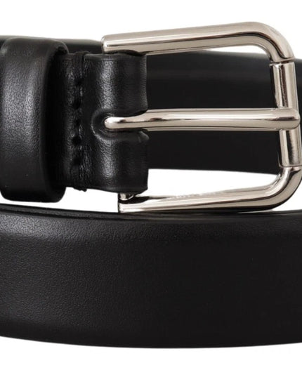 Dolce & Gabbana Black Calf Leather Silver Tone Logo Buckle Belt