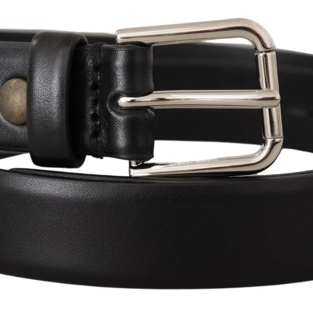 Dolce & Gabbana Black Calf Leather Silver Tone Logo Buckle Belt