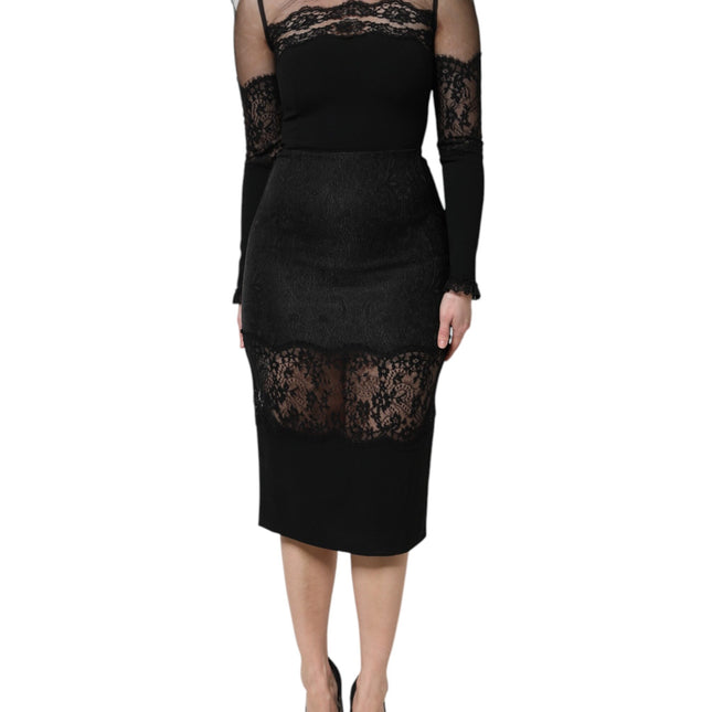 Dolce & Gabbana Black Lace Trim Nylon Tulle SheathMidi Dress