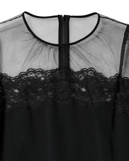 Dolce & Gabbana Black Lace Trim Nylon Tulle SheathMidi Dress