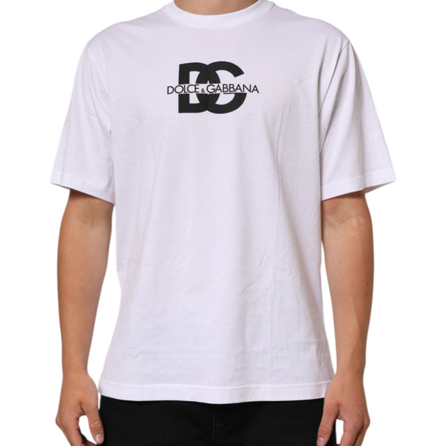 Dolce & Gabbana White Logo Print Cotton Crew Neck Men T-shirt