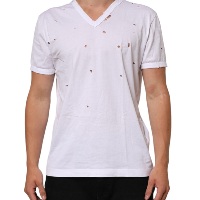 Dolce & Gabbana White Distressed Cotton V Neck Men T-shirt