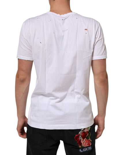 Dolce & Gabbana White Distressed Cotton V Neck Men T-shirt