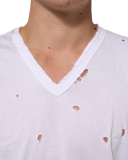 Dolce & Gabbana White Distressed Cotton V Neck Men T-shirt