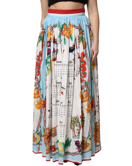 Dolce & Gabbana White Calendar Print Cotton Gathered Maxi Skirt