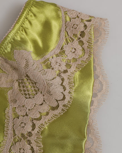 Dolce & Gabbana Green Silk Satin Floral Lace Trim Panty Underwear