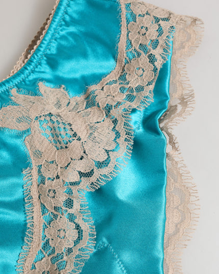 Dolce & Gabbana Blue Silk Satin Floral Lace Trim New Slip Underwear