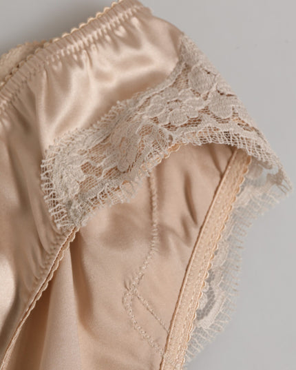 Dolce & Gabbana Beige Silk Satin Floral Lace Panty Brief Underwear