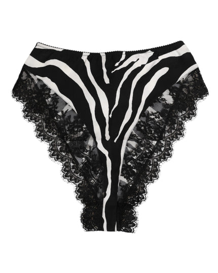 Dolce & Gabbana Black Silk Zebra Print Lace High Waist Underwear