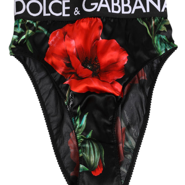 Dolce & Gabbana Black Floral Silk High Waist Panty Underwear