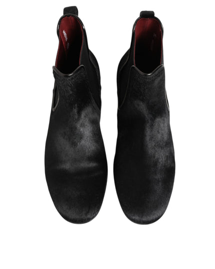 Dolce & Gabbana Black Leather Fur Men CHELSEA Boots Shoes