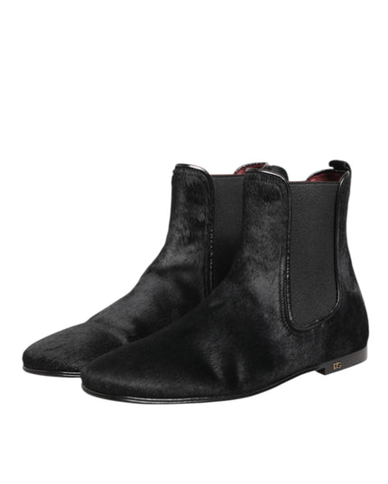 Dolce & Gabbana Black Leather Fur Men CHELSEA Boots Shoes