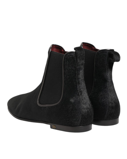 Dolce & Gabbana Black Leather Fur Men CHELSEA Boots Shoes